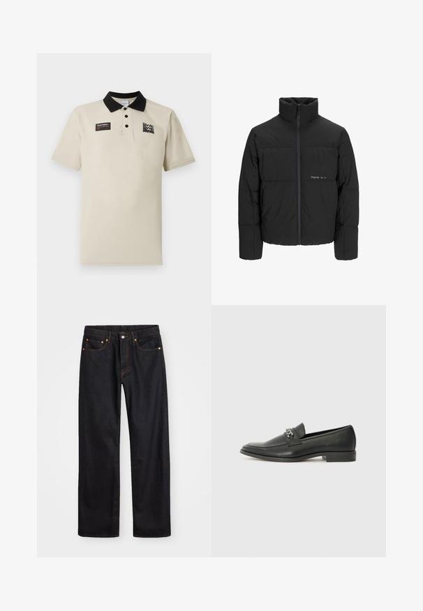 Schwarze Pufferjacke mit hohem Kragen, Front-Reißverschluss und gestepptem Design. Glattes Material mit dezentem Logo auf der Brust.; Beige Poloshirt aus glattem Material, mit schwarzem Kragen, drei Knöpfen und einem schwarzen und roten Grafiklabel auf der linken Brust.; Herren gerade geschnittene schwarze Jeans aus Denim mit fünf Taschen und orangefarbenen Nähten, Knopf- und Reißverschluss vorne am Bund.; Schwarzer Lederloafer mit glatter Oberfläche, ausgestattet mit einer gesteppten Gestaltung und einem dekorativen Metallkettendetail über dem Vorderblatt. Flacher Absatz.