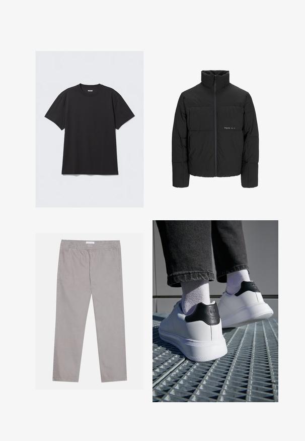 Schwarze Pufferjacke mit hohem Kragen, Front-Reißverschluss und gestepptem Design. Glattes Material mit dezentem Logo auf der Brust.; Schwarzes T-Shirt mit kurzen Ärmeln aus Baumwolle. Hat einen Rundhalsausschnitt und eine lockere Passform. Einfaches Design ohne sichtbare Muster oder Akzente.; Hellgraue Baumwollhose mit elastischem Bund, zwei seitlichen Taschen, geradem Beinschnitt und glatter Textur. Simple Nahtdetails.; Weiße Sneaker mit schwarzem Fersenstab, der ein Smiley-Gesicht-Design zeigt, aus glattem Leder, flacher Gummisohle und strukturierten Details.