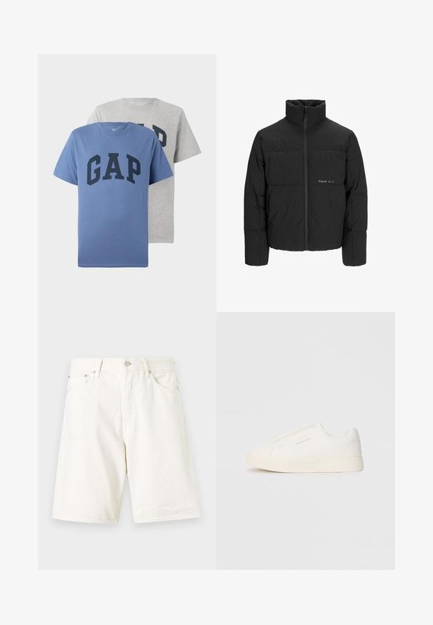 Chaqueta acolchada negra con un alto cuello, cierre frontal de cremallera y diseño acolchado. Tejido suave con un logo sutil en el pecho.; Dos camisetas de cuello redondo de manga corta, una azul y otra gris, ambas con el gran texto en navy "GAP" en el pecho.; Shorts de mezclilla blanca con corte recto, que cuentan con pasadores para cinturón, cierre de cremallera y dos bolsillos frontales. Textura suave y diseño simple.; Zapatillas blancas tipo slip-on con una superficie texturizada, suela gruesa y diseño minimalista. Presenta el logo de la marca en un lado.