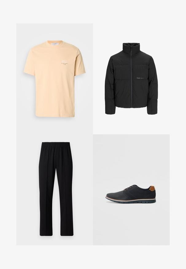 Chaqueta acolchada negra con un alto cuello, cierre frontal de cremallera y diseño acolchado. Tejido suave con un logo sutil en el pecho.; Camiseta de algodón color melocotón con mangas cortas, que presenta un pequeño gráfico blanco y texto en la zona izquierda del pecho. Cuello redondo sencillo.; Pantalones negros con cintura elástica y diseño de pierna recta, con una textura suave y sin patrones o herrajes visibles.; Zapatos sintéticos negros con un upper texturizado, acentos lisos, tacón marrón y una suela en contraste. Presenta un cordón mínimo y detalles de costura.