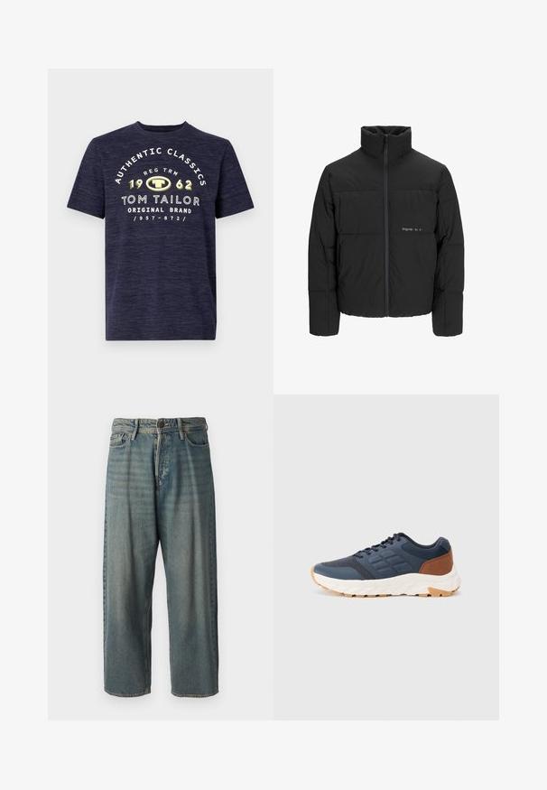 Črni pufast plašč z visokim ovratnikom, sprednjim zadrgo in prešitjem. Gladka tkanina z diskretnim logotipom na prsih.; Mornarsko modra kratka majica z heather teksturo, na sprednji strani pa bele in rumene grafične besede z imenom blagovne znamke in letnico ustanovitve.; Svetlomoderne kavbojke z ohlapnim krojem, srednjim pasom in ravnimi nogami. Imajo pet žepov, zanke za pas in zapiranje na gumb.; Mornarsko modri športni čevlji z rjavim poudarkom na peti, teksturiran zgornji del iz mrežice, oblazinjen ovratnik in bel gumi podplat s patternirano podlago.