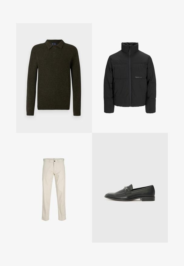 Mustra musta puffer-jakk, millel on kõrge krae, eesne tõmblukku ja tikandiga disain. Sile kangas, millel on rindkeres diskreetne logo.; Roheline pikkade varrukatega polo-sviiter tekstureeritud viimistlusega, kahe nupuga varrukas ja soonikkoes mansetid. Lihtne, klassikaline disain, mis sobib igapäevaseks kandmiseks.; Beeži puuvillased püksid sirge lõikega, nööpidega lukuga, ees taskud ja õmmeldud õmblused. Sile tekstuur, minimaalne disain ja ilma mustriteta.; Must haveate nahkking punased, millel on sile viimistlus, tikitud muster ja dekoratiivne metallkett vampi üle. Tasane konts.