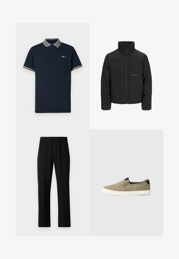 Zwarte pufferjas met een hoge kraag, ritssluiting aan de voorkant en een quilted design. Glad materiaal met een subtiel logo op de borst.; Navyblauw polo-shirt van katoen, met een kraag in grijs, oranje accenten en een drievoudige knoopsluiting. Geborduurd logo van 1962.; Zwarte, elastische broek met rechte pijpen, met een gladde textuur en zonder zichtbare patronen of hardware.; Taupe instap schoenen met een textiele bovenkant, contrasterende zwarte hakaccent en witte rubberen zool. Perforatieontwerp voor ademend vermogen.