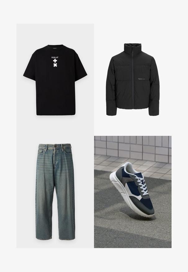 Černá péřová bunda s vysokým límcem, předním zipem a prošívaným designem. Hladká tkanina se subtilním logem na hrudi.; Černé tričko s krátkým rukávem vyrobené z bavlny, s kulatým výstřihem a bílým potiskem textu a symbolů na přední straně. Jednoduchý design, bez vzorů.; Světle modré denimové džíny s volným střihem, středně vysokým pasem a rovnými nohavicemi. Obsahují pět kapes, poutka na opasek a zapínání na knoflík.; Tenisky s horní částí z námornicky modré síťoviny, šedými semišovými akcenty, bílou gumovou podrážkou a plochými bílými tkaničkami, navržené pro pohodlí a prodyšnost.