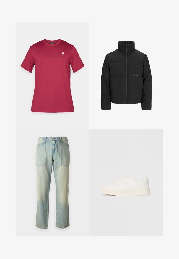 Juodas pūkinis švarkas su aukštu apykakle, priekiniais užtrauktukais ir kvadratinės siuvimo dizainu. Lygus audinys su subtiliu logotipu krūtinėje.; Bordo medvilnės marškinėliai trumpomis rankovėmis, apvaliu kaklu ir mažu baltu logotipu kairiajame krūtinės plote. Lygi tekstūra ir kasdieniškas dizainas.; Šviesiai mėlyni džinsai su tiesia kojų kirpimu, matomomis siūlėmis ir dviem didelėmis priekinėmis kišenėmis. Audinys turi pablukusį tekstūrą.; Baltos slip-on sportbačiai su tekstūruota paviršiumi, storesniu padu ir minimalistišku dizainu. Šone matosi prekės ženklo logotipas.