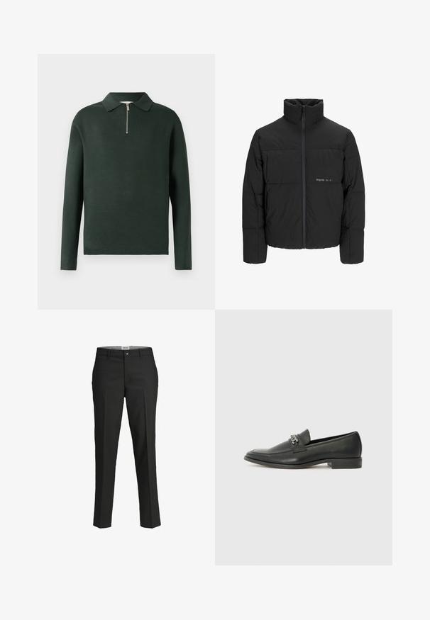 Černá péřová bunda s vysokým límcem, předním zipem a prošívaným designem. Hladká tkanina se subtilním logem na hrudi.; Tmavě zelená polo košile s dlouhým rukávem, límečkem a předním zipem do poloviny. Vyrobena z měkkého materiálu s hladkou texturou.; Černé kalhoty, s přiléhavým střihem, hladká tkanina, střední pas, přední zapínání na knoflík, šikmé kapsy a záhyby podél nohavic.; Černé kožené mokasíny s hladkým povrchem, s prošívaným designem a dekoračním kovovým řetízkem přes nárt. Plochý podpatek.