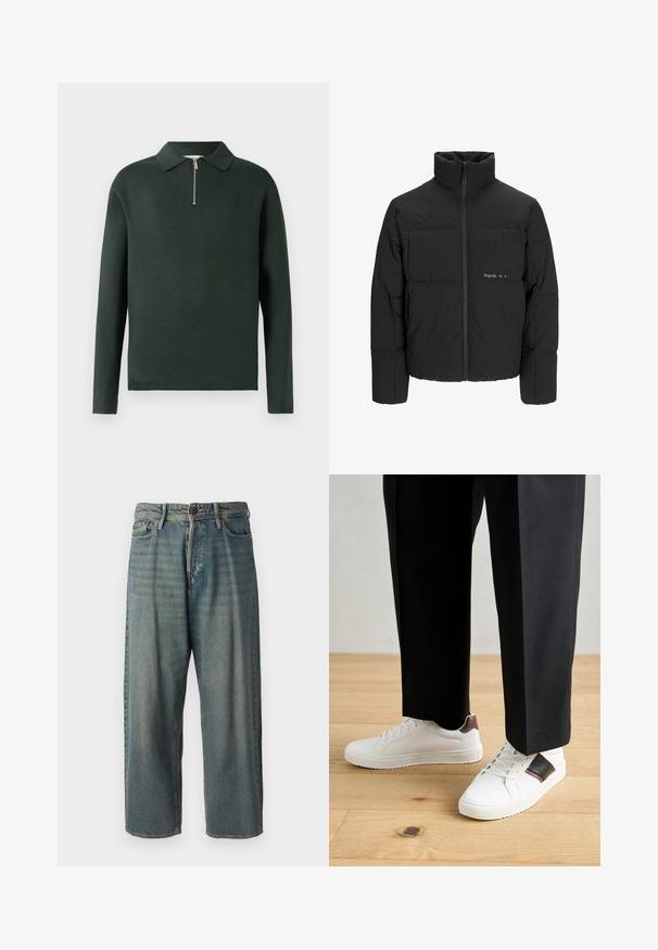 Černá péřová bunda s vysokým límcem, předním zipem a prošívaným designem. Hladká tkanina se subtilním logem na hrudi.; Tmavě zelená polo košile s dlouhým rukávem, límečkem a předním zipem do poloviny. Vyrobena z měkkého materiálu s hladkou texturou.; Světle modré denimové džíny s volným střihem, středně vysokým pasem a rovnými nohavicemi. Obsahují pět kapes, poutka na opasek a zapínání na knoflík.; Bílé tenisky s hladkým povrchem, s hnědými koženými akcenty a černými detaily, kombinované s černými kalhotami na míru. Pozadí tvoří dřevěná podlaha.