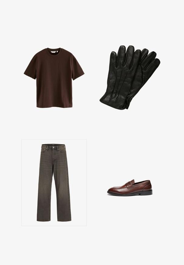 Jachetă puffer neagră, cu guler înalt, închidere cu fermoar pe față și design matlasat. Material neted cu un logo subtil pe piept.; Next HEAVYWEIGHT - Tricou basic - mottled brown; Blugi cu picioare largi din denim gri închis, cu talie înaltă, design clasic cu cinci buzunare și cusături contrastante pe cusături.; Mocasini din piele maro cu o finisare netedă, vârf rotund, curea decorativă și talpă din cauciuc negru. Prezintă detalii de cusătură minime.; Mănuși din piele neagră cu o textură netedă, cu cinci degete și detalii fine de cusătură. Design clasic, potrivit pentru utilizarea în vreme rece.