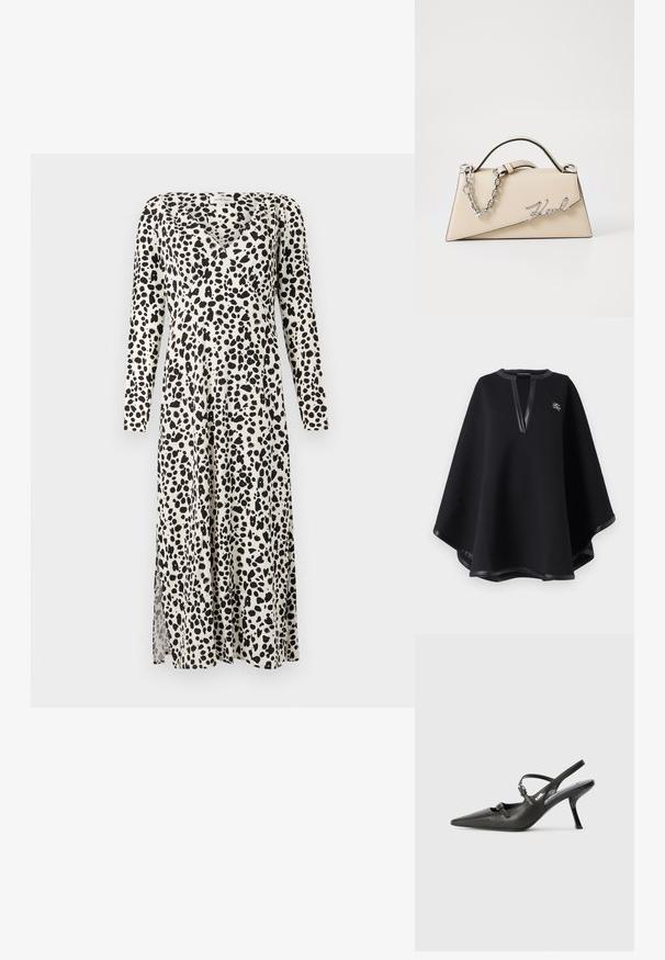 Juodas pončas, pagamintas iš minkštos medžiagos, su gilia V formos iškirpte ir dirbtinės odos apdaila, taip pat išsiuvinėtu logotipu. Lygus, tekstūruotas paviršius.; Ilga, kremine suknelė su mustru, kurioje yra juodų dėmių, su ilgomis rankovėmis, V formos iškirpte ir šonine skyle, kad būtų patogu judėti.; Juodi odiniai slingback kulniukai su smailiu pirštu, siauru kulnu ir dekoratyvine sagtimi viršuje. Lygus paviršius ir elegantiškas dizainas.; Bežinė odinė rankinė su struktūrine trikampio forma, turinti sidabrinę grandinėlę ir metalinį bajorišką logotipą.