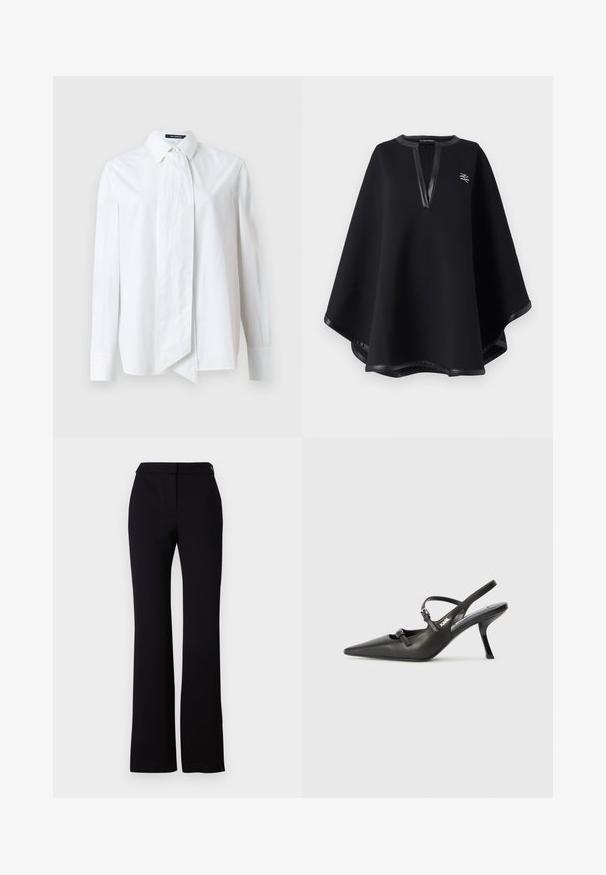 Čierny pončo vyrobený z jemnej látky, s hlbokým véčkovým výstrihom a umelou koženou obrubou a vyšitým logom. Hladký, textúrovaný povrch.; Biela košeľa na gombíky s dlhými rukávmi, s veľkou mašľou na golieri, vyrobená z hladkého materiálu s jemnou textúrou.; Čierne nohavice so strihom do rovna, hladkým povrchom a pásom s jedným gombíkom na zapínanie. Žiadne viditeľné vzory ani akcenty.; Čierne kožené slingback topánky na vysokom podpätku s ostrou špicou, štíhlym podpätkom a dekoratívnym detailom s prackou na priehlavku. Hladká textúra a elegantný dizajn.
