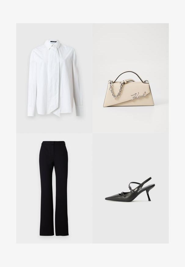 Svart poncho i mjukt tyg, med djup V-ringning och detaljer i konstläder, samt en broderad logotyp. Slät, texturerad yta.; Vit skjorta med lång ärm, med en stor rosett vid kragen, tillverkad av slätt tyg med en krispig textur.; Svarta byxor med rak passform, slät struktur och midjeband med en enda knappstängning. Inga synliga mönster eller detaljer.; Svarta läderklackar med slingback, spetsig tå, smal klack och dekorativ spänndetalj på ovansidan. Slät struktur och stilren design.; Beige läderhandväska med en strukturerad, triangelformad design, med ett silverkedjehandtag och en kursiv logotyp i metall.