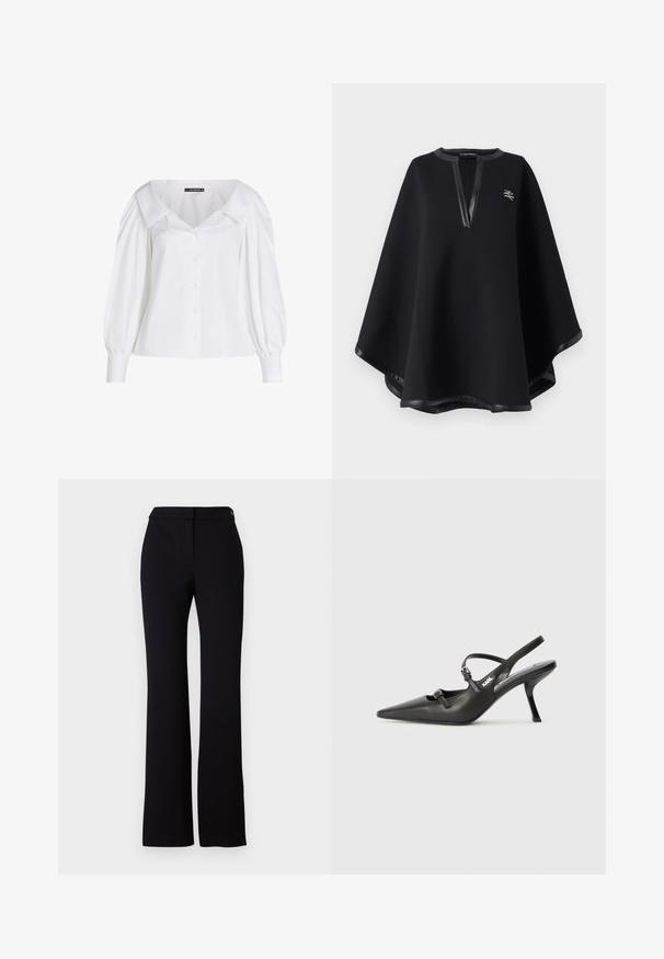 Schwarzer Poncho aus weichem Stoff, mit einem tiefen V-Ausschnitt und Besatz aus Kunstleder sowie einem gestickten Logo. Glatte, strukturierte Oberfläche.; Weißes Hemd mit weitem Kragen, puffartigen langen Ärmeln und tailliertem Schnitt. Glattes Baumwollgewebe mit subtiler Ausstrahlung.; Schwarze Hose mit geradem Schnitt, glatter Textur und einem Bund mit einem einzelnen Knopfverschluss. Keine sichtbaren Muster oder Akzente.; Schwarzlederne Slingback-Absätze mit spitzer Zehenform, schlankem Absatz und dekorativem Schnallendetail auf dem Blatt. Glatte Textur und elegantes Design.