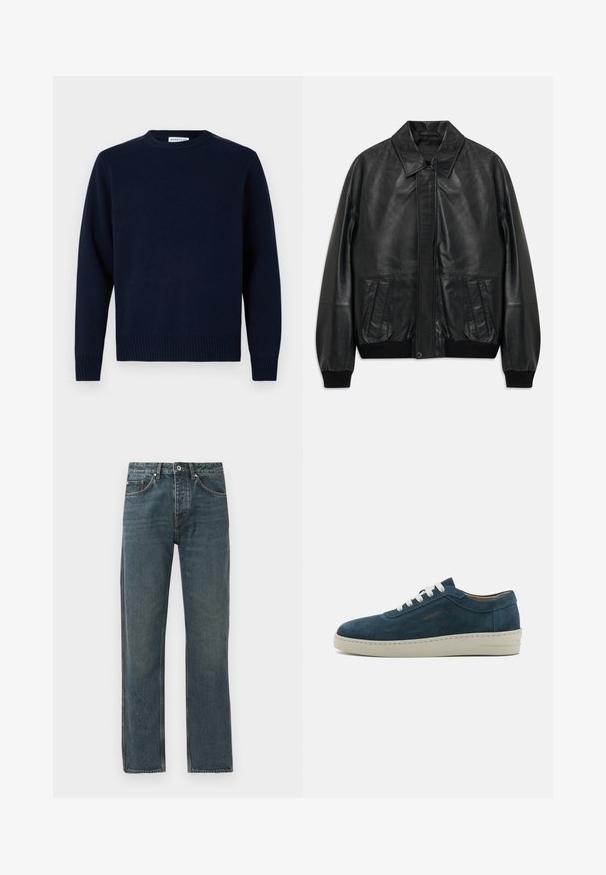 Črna usnjena jakna s sprednjimi žepi, rebrastimi manšeti in pasom, ki ima poudarjen ovratnik in skrito sprednjo zapiranje.; Mornarsko modra pulover s okroglo bezno, rebrastimi manšetami in robom. Izdelan iz mehkega pletenega materiala, z enostavnim, klasičnim dizajnom.; Temno modri denim kavbojke s ravno krojem, ki vključujejo pet žepov, gumbno zapiranje in kontrastne šive.; Modri nubuk superge z zaobljenim prstom, belimi vezalkami in gumijastim podplatom. Opremljene so z diskretnim šivanjem in branded poudarkom na strani.