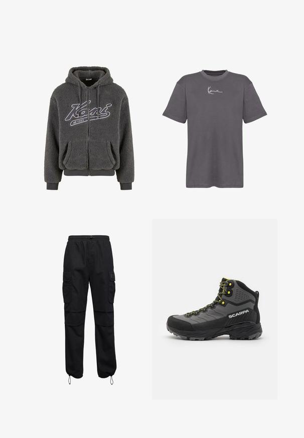 Sivi, plišani dukserica s patentnim zatvaračem, dva bočna džepa i kapuljačom s pertlom. Ima istaknut logo "Kani" na prsima.; Siva pamučna majica s okruglim izrezom, kratkim rukavima i bijelim potpisom logoa na prsima. Glatka tekstura i opušteni kroj.; Crne cargo hlače s pojasom na vezanje, s dva bočna džepa, širokog kroja i elastičnim manžetama na gležnjevima. Izrađene od izdržljivog materijala.; Crne i sive planinarske čizme s teksturiranom tkaninom, svijetlo žutim akcentima, ojačanim prstom i gumenom potplatom s dubokim utorima za bolju prionljivost.