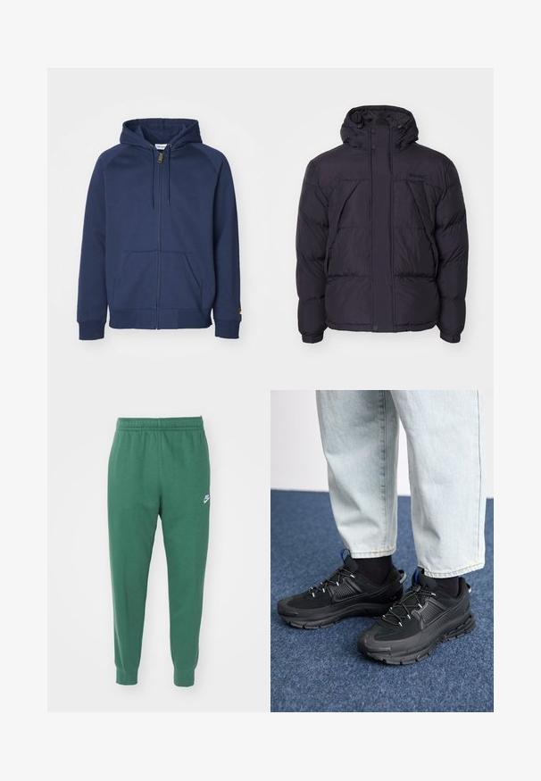 Giacca a vento nera con cappuccio, caratterizzata da una texture leggermente lucida, design trapuntato e bottoni frontali. Logo Timberland sul petto.; Felpa zip-up navy in misto cotone, con cappuccio regolabile, tasche a marsupio, polsini a coste e una piccola accentuazione con logo sulla manica.; T-shirt bianca a maniche lunghe realizzata in cotone. Design con collo rotondo, polsini a costine e un piccolo logo sulla manica sinistra. Texture liscia.; Nike Sportswear CLUB JGGR - Pantaloni sportivi - fir/white; Scarpe sportive nere con tessuto testurizzato e suole in gomma, dotate di lacci elastici e un accento blu sul tallone. Indossate con pantaloni in denim chiaro.