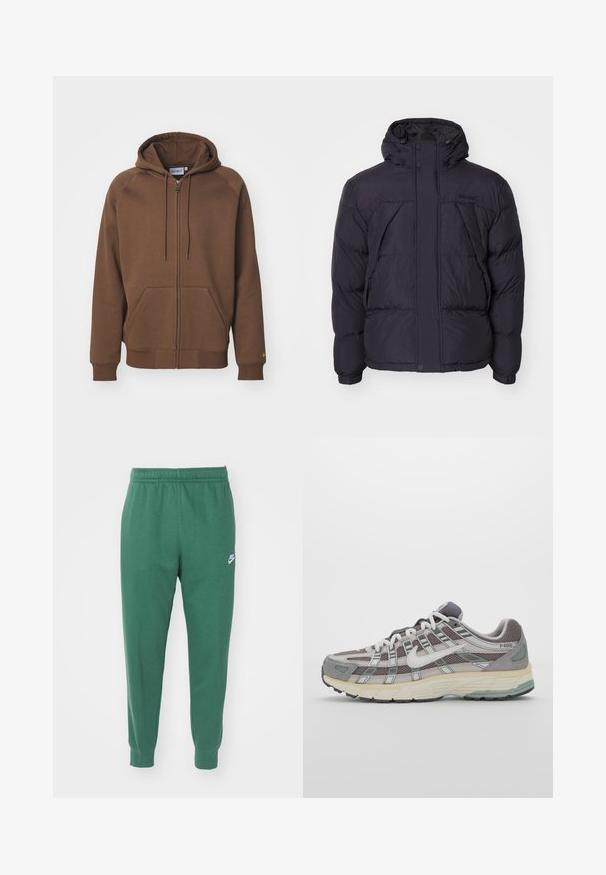Chaqueta de abrigo negra con capucha, con una textura ligeramente brillante, diseño acolchado y botones en la parte frontal. Logotipo de Timberland en el pecho.; Sudadera con cremallera marrón, hecha de una suave mezcla de algodón, que presenta una capucha, bolsillos tipo canguro, puños acanalados y un acento de logo en la manga.; Tres camisetas sin mangas de algodón de color blanco con canalé. Cuentan con cuello redondo y pequeñas etiquetas negras cerca del dobladillo. Disponibles en múltiples tamaños.; Nike Sportswear CLUB JGGR - Pantalones deportivos - fir/white; Zapatilla deportiva gris con parte superior de malla y ante, acentos blancos, suela acolchada y un diseño distintivo con elementos reflectantes.