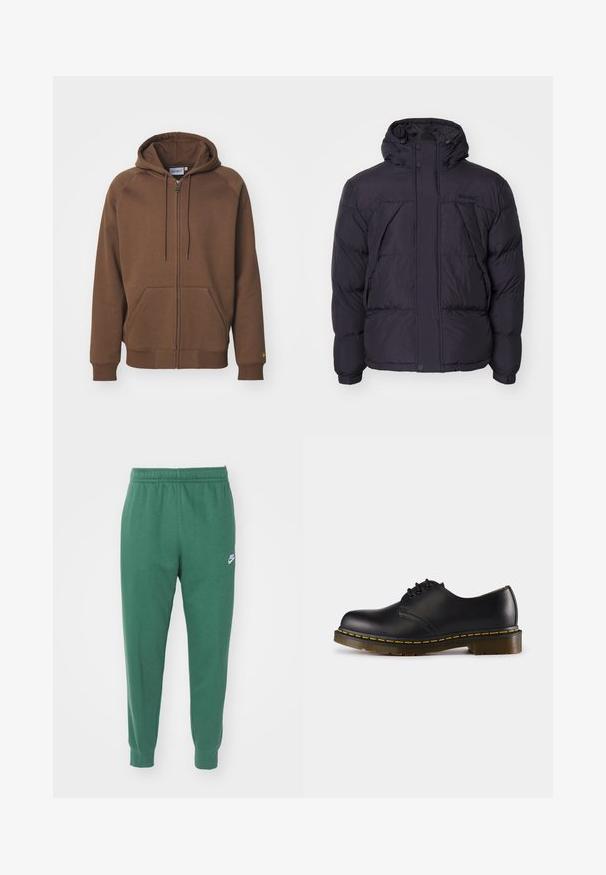 Giacca a vento nera con cappuccio, caratterizzata da una texture leggermente lucida, design trapuntato e bottoni frontali. Logo Timberland sul petto.; Felpa marrone con zip realizzata in morbido misto cotone, dotata di cappuccio, tasche a marsupio, polsini a coste e un logo decorativo sulla manica.; T-shirt bianca a maniche lunghe realizzata in cotone. Design con collo rotondo, polsini a costine e un piccolo logo sulla manica sinistra. Texture liscia.; Nike Sportswear CLUB JGGR - Pantaloni sportivi - fir/white; Scarpa in pelle nera con punta arrotondata, design con lacci, cuciture gialle lungo la suola e suola in gomma spessa e testurizzata.