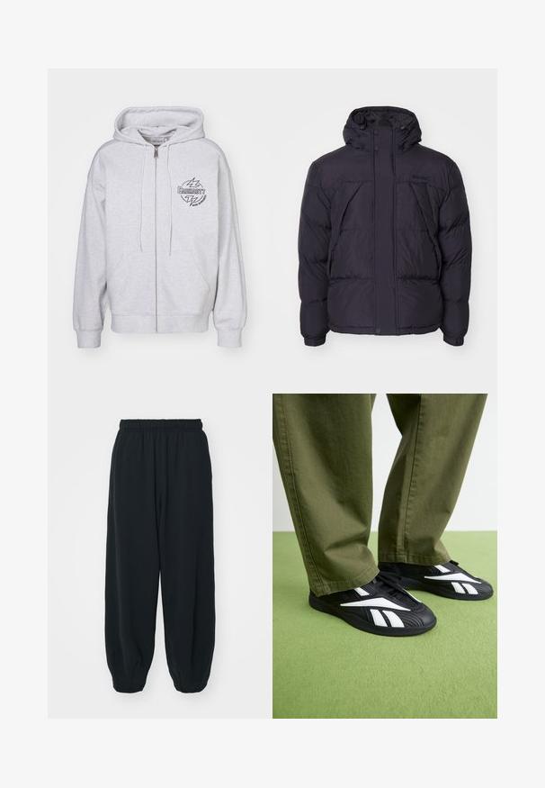 Giacca a vento nera con cappuccio, caratterizzata da una texture leggermente lucida, design trapuntato e bottoni frontali. Logo Timberland sul petto.; Felpa grigia con zip, dotata di tasca frontale, coulisse regolabile e un logo nero con fulmini sul lato sinistro del petto. Tessuto morbido.; T-shirt bianca a maniche lunghe realizzata in cotone. Design con collo rotondo, polsini a costine e un piccolo logo sulla manica sinistra. Texture liscia.; Pantaloni da jogging neri con vita elasticizzata, dalla vestibilità morbida, caviglie a costina, texture liscia e senza motivi visibili o dettagli in metallo.; Scarpe da ginnastica nere con accenti bianchi, dotate di tomaia texture e punta arrotondata, abbinate a pantaloni verde oliva.