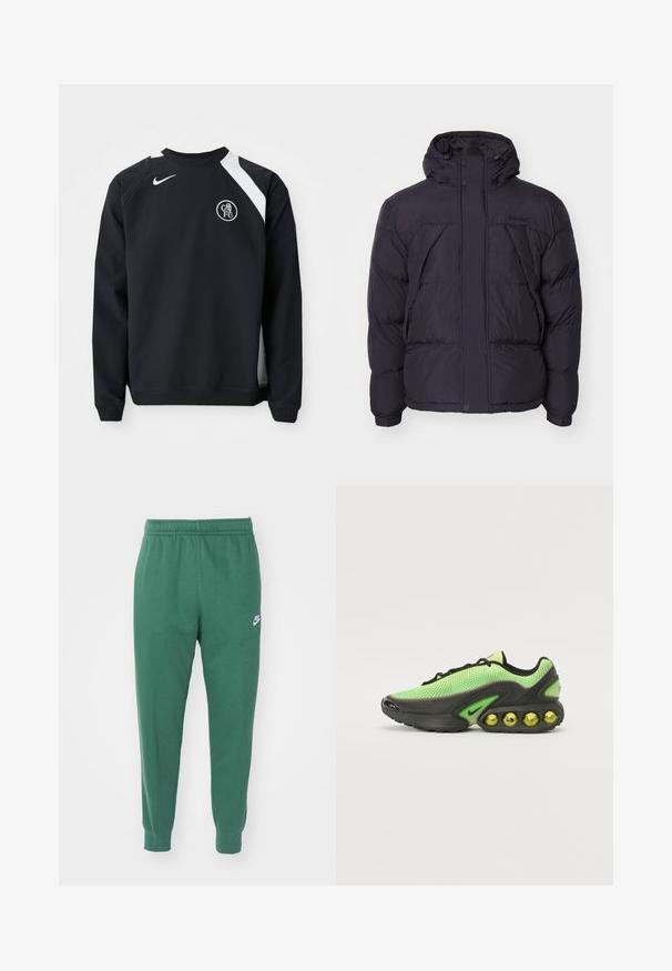 Zwarte pufferjack met capuchon, met een licht glanzende textuur, gestikte design en knopen aan de voorkant. Timberland-logo op de borst.; Zwarte sweatshirt met witte accenten, ronde halslijn, lange mouwen en ribgebreide manchetten. Bevat het Nike-logo en het circulaire embleem van Chelsea FC.; Witte lange mouwen T-shirt van katoen. Ronde hals ontwerp met ribgebreide manchetten en een klein logo op de linkermouw. Gladde textuur.; Nike Sportswear CLUB JGGR - Trainingsbroek - fir/white; Nike sneakers met een bovenwerk van mesh in felgroen, zwarte accenten en een onderscheidende zool met zichtbare gele luchtbellen.