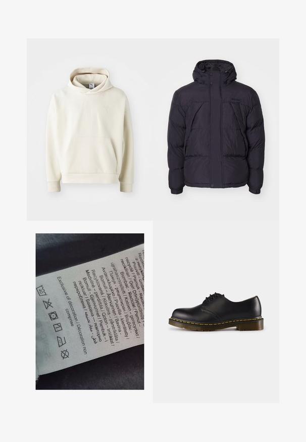 Svart pufferjacka med huva, med en något glänsande textur, quiltat mönster och framknappar. Timberland-logotyp på bröstet.; Krämfärgad huva-tröja med framficka, ribbad muddar och en liten broderad logotyp på bröstet. Slät tygtextur.; Etikett med flerspråkig text, vårdsymboler och återvinningsikoner, tryckt på ett mjukt tygliknande material i ljus färg.; Svart lädersko med rund tå, snörningsdesign, gula stygn längs sulan och en kraftig, texturerad gummisula.