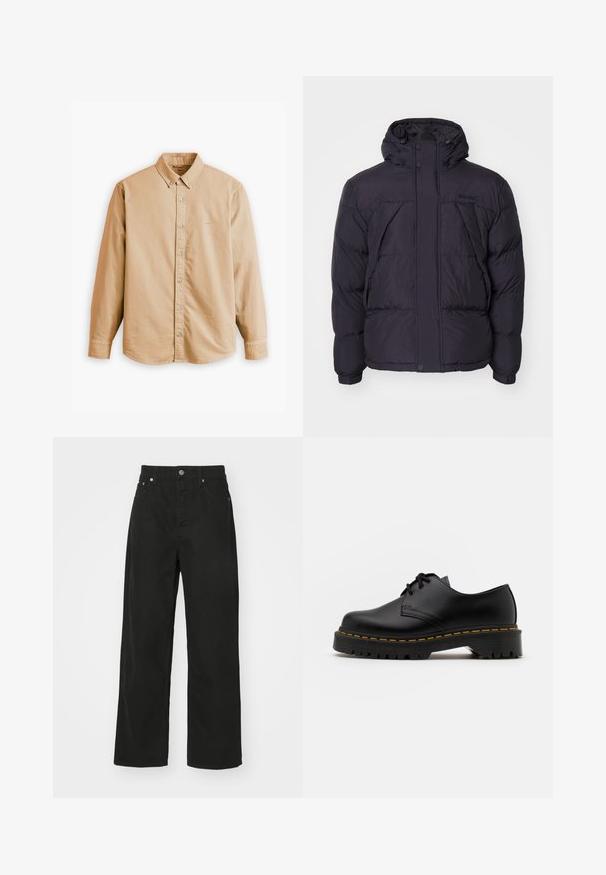 Crna puf jakna s kapuljačom, s lagano sjajnom teksturom, kviltanim dizajnom i prednjim gumbima. Timberland logo na prsima.; Levi's® AUTHENTIC BUTTON DOWN - Majica - muir woods safari garment dye; Bijela dugopruga majica s dugim rukavima od pamuka. Dizajn s okruglim izrezom, rebrastim manžetama i malim logotipom na lijevom rukavu. Glatka tekstura.; Crne traperice s ravnim nogavicama, koje imaju pet džepova, kopčanje na gumb i klasični pojas. Glatka tekstura.; Crne kožne cipele sa vezanjem, okruglog vrha, sa teksturiranom gumom potplatom i žutim šavom oko baze. Ravni dizajn i glatka završna obrada.