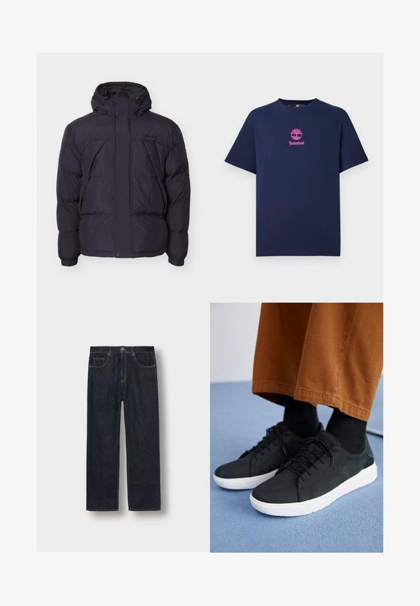 Juodas pūkinis džemperis su gobtuvu, turintis šiek tiek blizgantį paviršių, siuvinėtą dizainą ir priekinį sagų uodegą. Ant krūtinės Timberland logotipas.; Tamsiai mėlynas medvilninis marškinėliai su apykakle ir trumpomis rankovėmis. Priekyje yra rožinės spalvos Timberland logotipas su medžio dizainu.; Tamsiai mėlynos tiesaus silueto džinsai, pagaminti iš džinsinio audinio, su diržo kilpomis, priekinėmis kišenėmis ir kontrastingomis siuvimo linijomis. Minimalistinis dizainas, be papuošimų.; Juodi zomšiniai sneakeriai su baltais guminiais padais, su raištelių uždėjimo dizainu, tekstūruotais akcentais ir subtiliu prekių ženklu, derinami su rudomis kelnėmis.