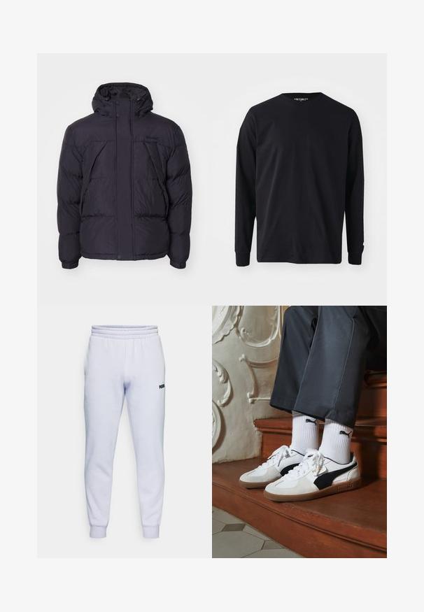 Casaco acolchoado preto com capuz, apresentando uma textura ligeiramente brilhante, design acolchoado e botões frontais. Logótipo da Timberland no peito.; T-shirt preto de manga longa feito de algodão, com decote redondo e corte reto, apresentando um pequeno detalhe de logo na manga.; Calças de fato de treino lilás claro feitas de um tecido macio, com um cós e punhos elásticos, e com um pequeno logo preto do lado esquerdo.; Ténis Puma em camurça branca e preta, com uma sola de borracha castanha. Combinados com meias brancas exibindo um logótipo preto, usados com calças escuras.