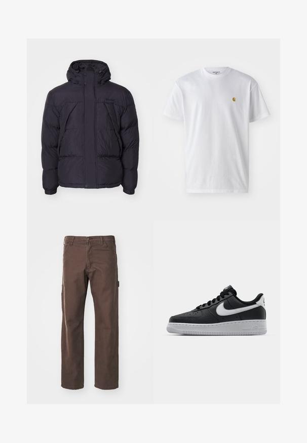 Casaco acolchoado preto com capuz, apresentando uma textura ligeiramente brilhante, design acolchoado e botões frontais. Logótipo da Timberland no peito.; T-shirt branca de algodão com mangas curtas, decote redondo, apresentando um pequeno logótipo dourado na área do peito esquerdo. Textura macia e ajuste regular.; Dickies CARPENTER PANT - Calças - dark brown; Sapatilha de pele preta com superfície texturizada, swoosh branco da Nike, sola cinza, bico redondo e design com atacadores. Apresenta perfurações na caixa dos dedos.