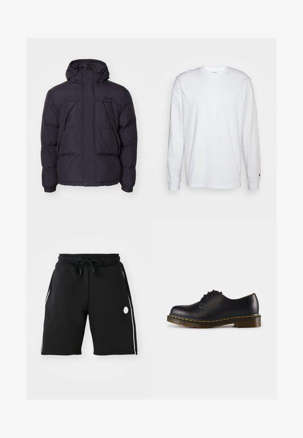 Chaqueta de abrigo negra con capucha, con una textura ligeramente brillante, diseño acolchado y botones en la parte frontal. Logotipo de Timberland en el pecho.; Camiseta blanca de manga larga hecha de algodón. Diseño de cuello redondo con puños acanalados y un pequeño logo en la manga izquierda. Textura suave.; Pantalones cortos de sudadera negros con una cintura elástica y cordón ajustable. Presentan franjas laterales blancas y un acento de logotipo circular.; Zapato de cuero negro con punta redondeada, diseño de cordones, costuras amarillas a lo largo de la suela y suela de goma gruesa y texturizada.