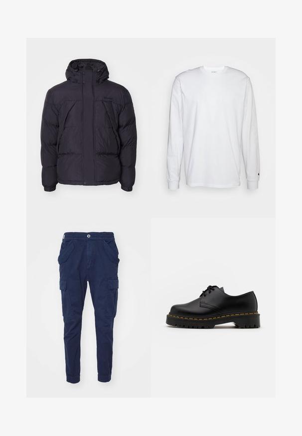 Casaco acolchoado preto com capuz, apresentando uma textura ligeiramente brilhante, design acolchoado e botões frontais. Logótipo da Timberland no peito.; T-shirt de mangas longas branca feita de algodão. Design de gola redonda com punhos canelados e um pequeno logotipo na manga esquerda. Textura suave.; Calças de carga azul-marinho feitas de algodão, com uma cintura elástica, dois bolsos laterais e bolsos de carga em cada perna. Ajuste afunilado no tornozelo.; Sapato de pele preta com atacadores, bico arredondado, sola de borracha texturizada e costura amarela à volta da base. Design plano e acabamento liso.