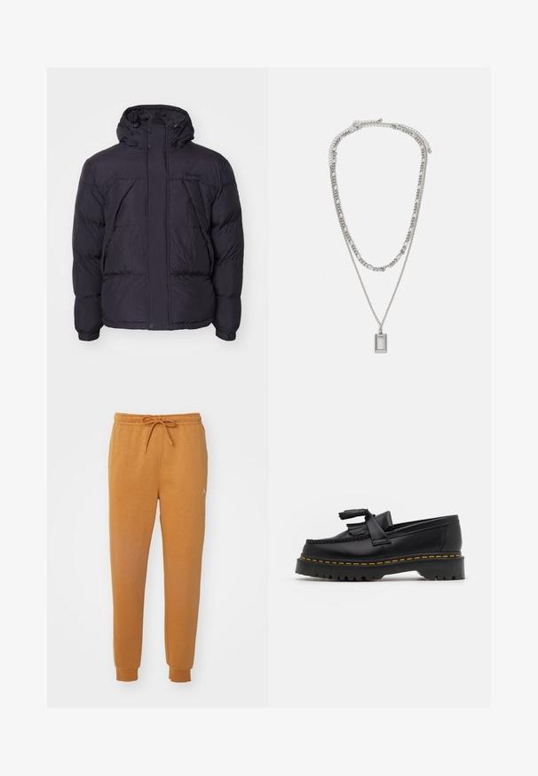 Black puffer jacket with a hood, featuring a slightly shiny texture, quilted design, and front buttons. Timberland logo on the chest.; White long-sleeved T-shirt made of cotton. Crew neck design with ribbed cuffs and a small logo on the left sleeve. Smooth texture.; Orange jogger pants made of soft fabric, featuring an elastic waistband with drawstring and ribbed cuffs. Includes a small logo detail.; Black leather loafer with a tasseled accent, featuring a chunky black sole and yellow stitching along the edge. Textured finish.; Silver necklace with two layered chains; features a rectangular pendant with a smooth surface, showcasing a polished metal finish.