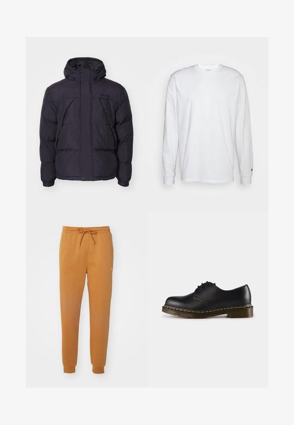 Černá péřová bunda s kapucí, s mírně lesklou texturou, prošívaným designem a předními knoflíky. Logo Timberland na hrudi.; Bílá dlouhá tričko s dlouhými rukávy vyrobené z bavlny. Design s kulatým výstřihem, žebrované manžety a malé logo na levém rukávu. Hladká textura.; Oranžové jogger kalhoty vyrobené z měkké tkaniny, s elastickým pasem na šňůrku a manžetami na lemech. Obsahují malé logo.; Černá kožená bota s kulatou špičkou, šněrovacím designem, žlutým prošíváním podél podrážky a chunky, texturovanou gumovou podrážkou.