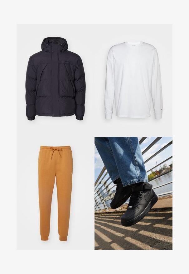 Črna puhovka s kapuco, ki ima rahlo sijočo teksturo, prešito zasnovo in sprednje gumbke. Timberland logotip na prsih.; Bela dolgimi rokavi majica iz bombaža. Oblika s krožnim izrezom z rebrastimi manšetami in majhnim logotipom na levi rokavu. Gladka tekstura.; Narandžaste trenirka hlače od meke tkanine, s elastičnim pojasom i vezicom te rebrastim manžetama. Ima mali logo detalj.; Črne Nike Air Force 1 teniske z usnjenim zgornjim delom, mrežastim jezikom in gumijastim podplatom, s posebno visoko zasnovo in debelimi vezalkami.