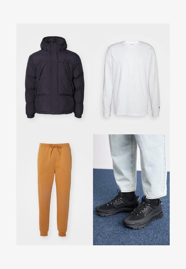 Schwarze Daunenjacke mit Kapuze, leicht glänzender Oberfläche, gestepptem Design und vorderen Knöpfen. Timberland-Logo auf der Brust.; Weißes Langarm-T-Shirt aus Baumwolle. Rundhals-Design mit gerippten Bündchen und kleinem Logo auf dem linken Ärmel. Glatte Textur.; Orangene Jogginghosen aus weichem Material, ausgestattet mit einem elastischen Bund mit Kordelzug und gerippten Bündchen. Enthält ein kleines Logodetail.; Schwarze Sportschuhe aus strukturiertem Stoff mit Gummisohlen, ausgestattet mit elastischen Schnürsenkeln und einem blauen Akzent an der Ferse. Getragen mit hellen Jeans.