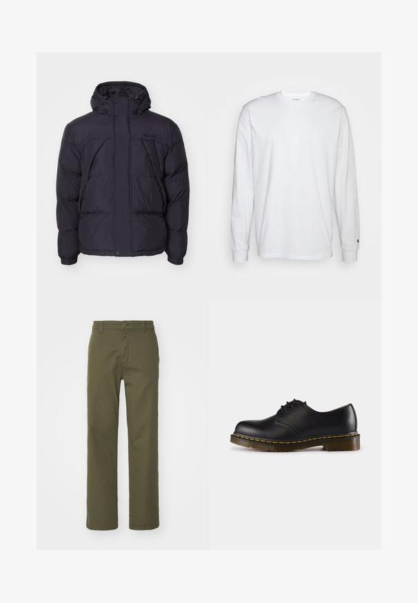 Črna puhovka s kapuco, ki ima rahlo sijočo teksturo, prešito zasnovo in sprednje gumbke. Timberland logotip na prsih.; Bela dolgimi rokavi majica iz bombaža. Oblika s krožnim izrezom z rebrastimi manšetami in majhnim logotipom na levi rokavu. Gladka tekstura.; Olivno zelene hlače s ravnim krojem, z gumbom in zadrgo ter stranskimi žepi. Tkanina se zdi gladka z rahlo teksturo.; Črn usnjen čevelj z zaobljenim nosom, zavezovanje z vezalkami, rumena šivanka ob podplatu in masiven, teksturiran gumijast podplat.
