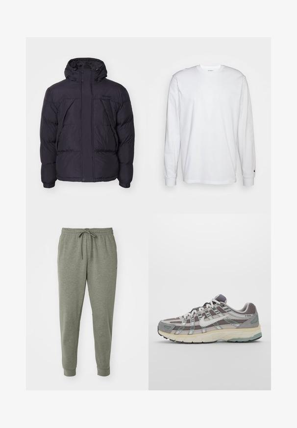 Schwarze Daunenjacke mit Kapuze, leicht glänzender Oberfläche, gestepptem Design und vorderen Knöpfen. Timberland-Logo auf der Brust.; Weißes Langarm-T-Shirt aus Baumwolle. Rundhals-Design mit gerippten Bündchen und kleinem Logo auf dem linken Ärmel. Glatte Textur.; Graue Jogginghosen mit elastischem Bund und Kordelzug, gefertigt aus weichem Material. Verfügt über Seitentaschen und schmal zulaufende Bündchen.; Grauer Sportschuh mit einem Obermaterial aus Mesh und Wildleder, weißen Akzenten, einer gepolsterten Sohle und einem charakteristischen Design mit reflektierenden Elementen.