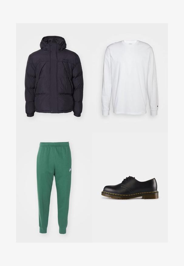 Svart dunjakke med hette, med en litt skinnende overflate, kviltet design og knapper foran. Timberland-logo på brystet.; Hvit langermet T-skjorte laget av bomull. Rund hals-design med ribbestrikkede mansjetter og en liten logo på venstre erme. Glatt tekstur.; Nike Sportswear CLUB JGGR - Joggebukse - fir/white; Sorte skinnsko med rund tå, snøringsdesign, gul søm langs sålen og en kraftig, teksturert gummisåle.