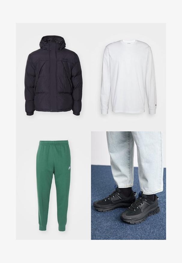 Juodas pūkinis džemperis su gobtuvu, turintis šiek tiek blizgantį paviršių, siuvinėtą dizainą ir priekinį sagų uodegą. Ant krūtinės Timberland logotipas.; Balta, ilga rankovė T-maiša, pagaminta iš medvilnės. Apvalios iškirptės dizainas su raukiniais ant rankovių ir nedidelis logotipas ant kairės rankovės. Glotni tekstūra.; Nike Sportswear CLUB JGGR - Treningo apatinė dalis - fir/white; Juodi sportiniai bateliai su tekstūruota medžiaga ir guminiais padais, su elastingomis raišteliais ir mėlynu akcentu ant kulno. Dėvimi su šviesiai mėlynomis džinsinėmis kelnėmis.