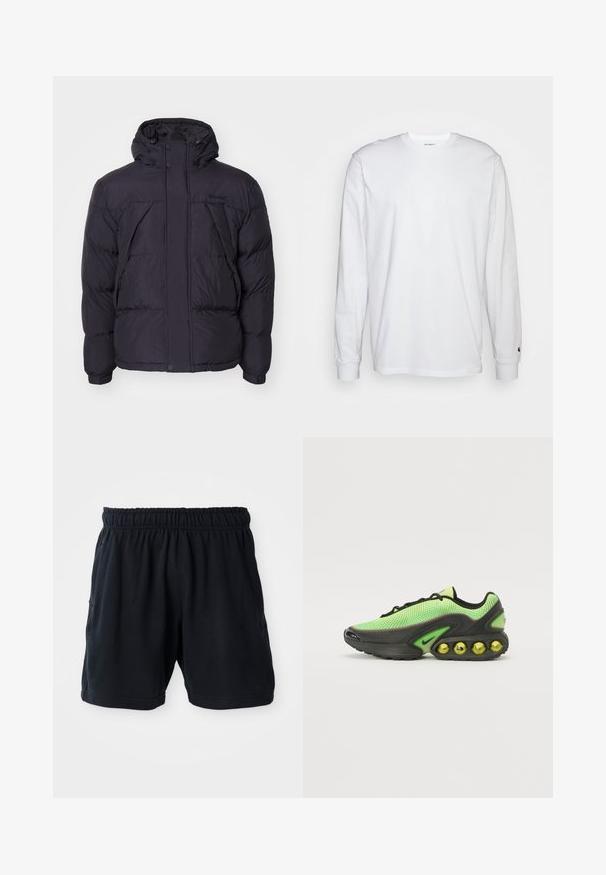 Černá péřová bunda s kapucí, s mírně lesklou texturou, prošívaným designem a předními knoflíky. Logo Timberland na hrudi.; Bílá dlouhá tričko s dlouhými rukávy vyrobené z bavlny. Design s kulatým výstřihem, žebrované manžety a malé logo na levém rukávu. Hladká textura.; Černé sportovní šortky vyrobené z měkké látky, s elastickým pasem a dvěma bočními kapsami pro pohodlí.; Nike tenisky s prodyšným svrškem v jasně zelené barvě, černými akcenty a charakteristickou podrážkou s viditelnými žlutými vzduchovými bublinkami.