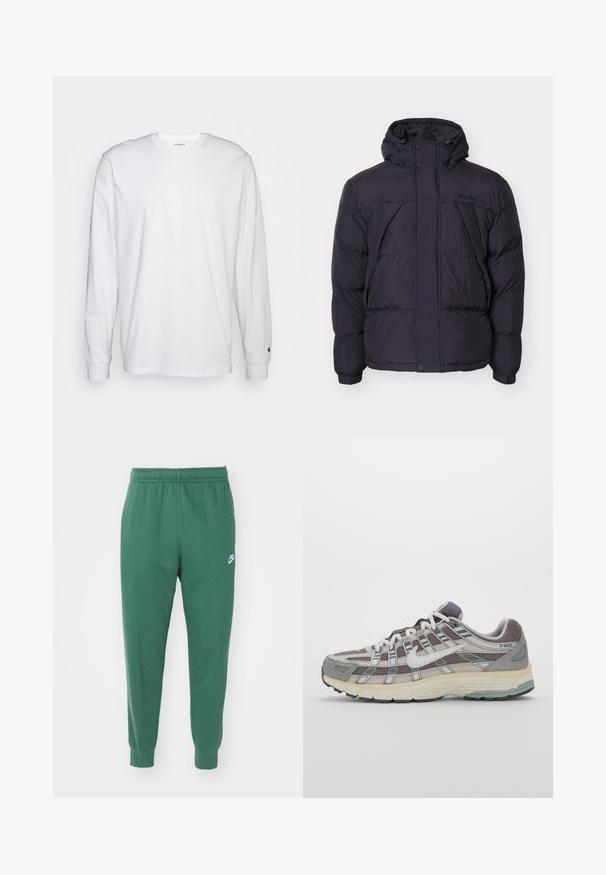 Zwarte pufferjack met capuchon, met een licht glanzende textuur, gestikte design en knopen aan de voorkant. Timberland-logo op de borst.; Witte lange mouwen T-shirt van katoen. Ronde hals ontwerp met ribgebreide manchetten en een klein logo op de linkermouw. Gladde textuur.; Nike Sportswear CLUB JGGR - Trainingsbroek - fir/white; Grijze sportieve schoen met een bovenwerk van mesh en suede, witte accenten, een gevoerde zool en een onderscheidend ontwerp met reflecterende elementen.