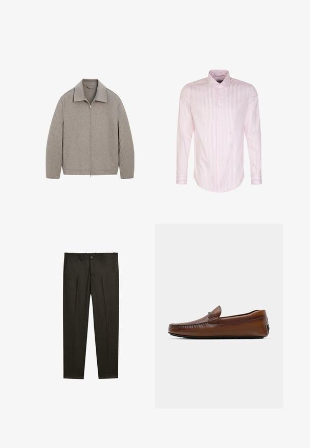 Hellgraue Zip-Jacke mit Stehkragen, aus weichem Stoff, mit geradem Schnitt und minimalen Nähten.; Helles rosa Langarmhemd mit vertikalen weißen Streifen, Knopfleiste vorne, klassischem Kragen und Manschetten mit einem einzelnen Knopfdetail.; Dunkelbraune maßgeschneiderte Hose mit vorderen Bundfalten, Gürtelschlaufen, Seitentaschen und einem Knopfverschluss am Bund.; Braune Lederloafers mit einer runden Spitze, genähten Akzenten und einem kleinen Emblem an der Seite. Die Sohle ist flach und strukturiert für besseren Halt.