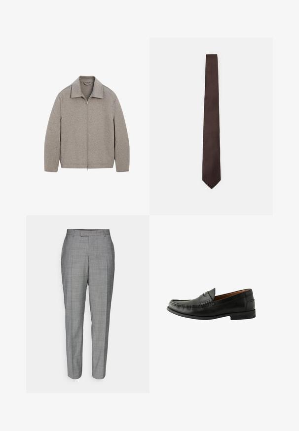 Hellgraue Zip-Jacke mit Stehkragen, aus weichem Stoff, mit geradem Schnitt und minimalen Nähten.; Helles rosa Langarmhemd mit vertikalen weißen Streifen, Knopfleiste vorne, klassischem Kragen und Manschetten mit einem einzelnen Knopfdetail.; Graue maßgeschneiderte Hose mit einem dezenten Karomuster, geradem Schnitt und glatter Textur, mit flachem Bund und Gürtelschlaufen.; Schwarze Lederloafers mit glatter Oberfläche, abgerundetem Zehenbereich, handgestochener Detailarbeit und einer niedrigen Gummisohle. Klassisches und vielseitiges Design.; Braune Krawatte mit einem strukturierten Muster, schlankem Design und spitzer Spitze. Aus Stoff gefertigt, mit glatter Oberfläche und subtiler Schimmer.