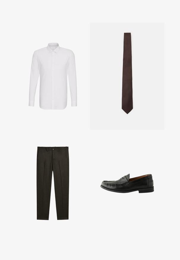 Light grey zip-up jacket with a mandarin collar, made of soft fabric, featuring a straight cut and minimal stitching detail.; White long-sleeve button-up shirt made of smooth fabric, featuring a classic collar and a straight cut with a button-down front.; Dark brown tailored pants with front pleats, belt loops, side pockets, and a button closure at the waistband.; Black leather loafers with a smooth finish, rounded toe, hand-stitched detailing, and a low rubber sole. Classic and versatile design.; Brown tie with a textured pattern, sleek design, and pointed tip. Made of fabric, featuring a smooth finish and subtle sheen.