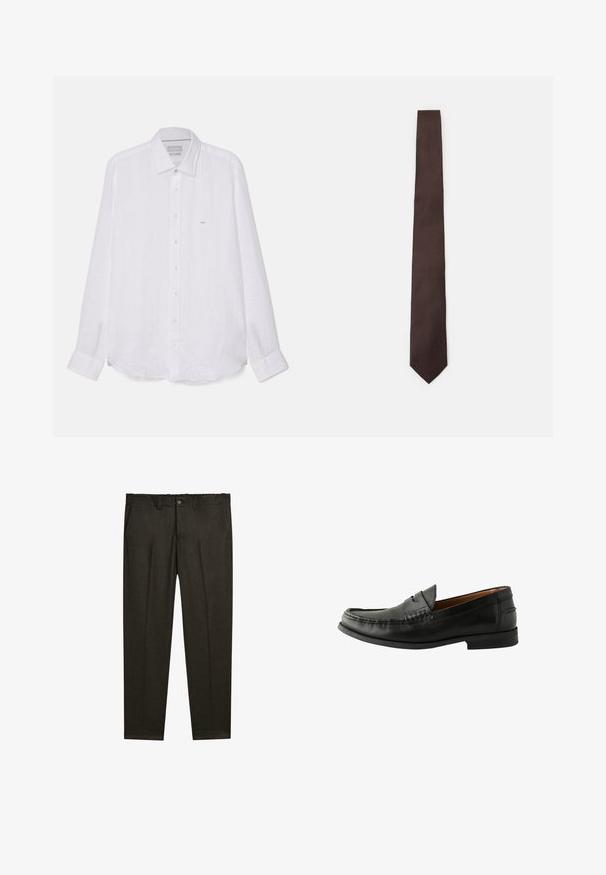 Giacca zip-up grigia chiara con colletto alla cinese, realizzata in morbido tessuto, con un taglio dritto e dettagli di cucitura minimi.; Camicia bianca a maniche lunghe in lino. Presenta un colletto a punte, chiusura frontale con bottoni e un piccolo logo ricamato sul lato sinistro del petto.; Pantaloni su misura marrone scuro con pince frontali, passanti per cintura, tasche laterali e chiusura con bottone in vita.; Mocassini in pelle nera con finitura liscia, punta arrotondata, dettagli cuciti a mano e suola bassa in gomma. Design classico e versatile.; Cravatta marrone con un motivo testurizzato, design elegante e punta affilata. Realizzata in tessuto, presenta una finitura liscia e un delicato lucido.