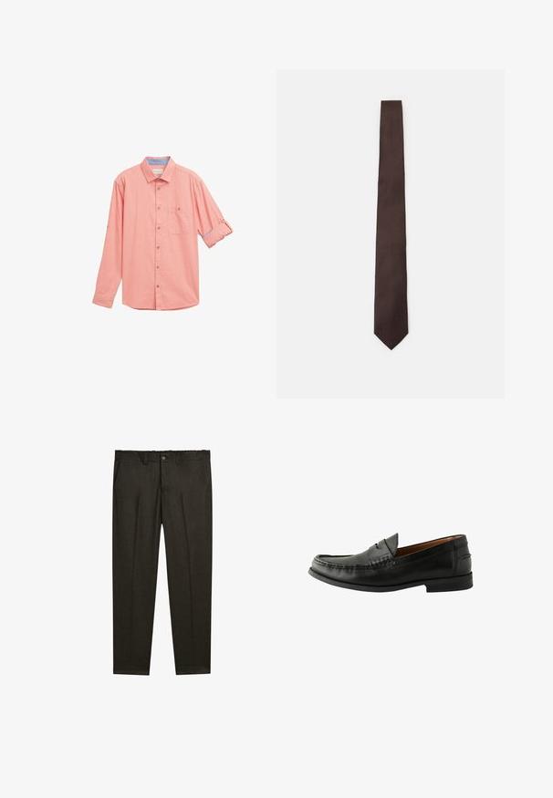 Lichtgrijze zip-up jas met een mandarin kraag, gemaakt van zachte stof, met een rechte snit en minimale stikdetails.; Lange mouw blouse in licht koraal met een textuurstof, een borstzak en opgerolde mouwdetails die een blauwe binnenkant tonen.; Donkerbruine op maat gemaakte broek met voorplooien, riemlussen, zijzakken en een knoopsluiting bij de taille.; Zwarte leren instappers met een gladde afwerking, ronde neus, handgestikte details en een lage rubberen zool. Tijdloos en veelzijdig ontwerp.; Bruine stropdas met een gestructureerd patroon, slank ontwerp en spitse punt. Gemaakt van stof, met een gladde afwerking en een subtiele glans.