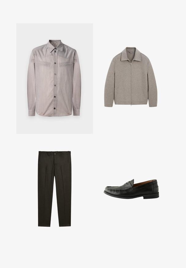 Veste zippée gris clair avec col mandarin, en tissu doux, présentant une coupe droite et des détails de couture minimalistes.; Chemise à rayures dans des couleurs claires, présentant un col classique, deux poches poitrine et des manches longues. Texture lisse avec un léger éclat.; Pantalon ajusté brun foncé avec des plis sur le devant, passants de ceinture, poches latérales et fermeture à bouton à la taille.; Mocassins en cuir noir avec une finition lisse, un bout arrondi, des détails cousus à la main et une semelle en caoutchouc basse. Design classique et polyvalent.