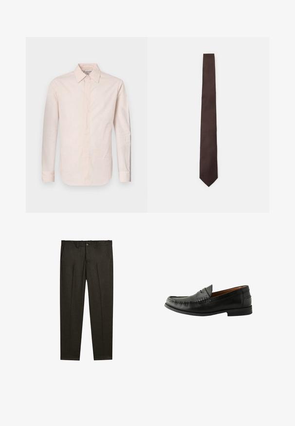 Jasnoszara kurtka zapinana na zamek z kołnierzykiem mandaryńskim, wykonana z miękkiego materiału, o prostym kroju i minimalnych detalach przeszyć.; Jasnoróżowa koszula z długim rękawem, wykonana z gładkiego materiału, z kołnierzykiem w szpic, zapięciem na guziki i lekko zaokrąglonym dołem.; Ciemnobrązowe spodnie szyte na miarę z plisami z przodu, szlufkami na pasek, kieszeniami bocznymi oraz zapięciem na guzik w pasie.; Czarne skórzane mokasyny o gładkim wykończeniu, zaokrąglonym czubku, ręcznie szytych detalach oraz niskiej gumowej podeszwie. Klasyczny i uniwersalny design.; Brązowy krawat o teksturowanym wzorze, elegancki design i spiczasty koniec. Wykonany z tkaniny, z gładką powierzchnią i subtelnym połyskiem.