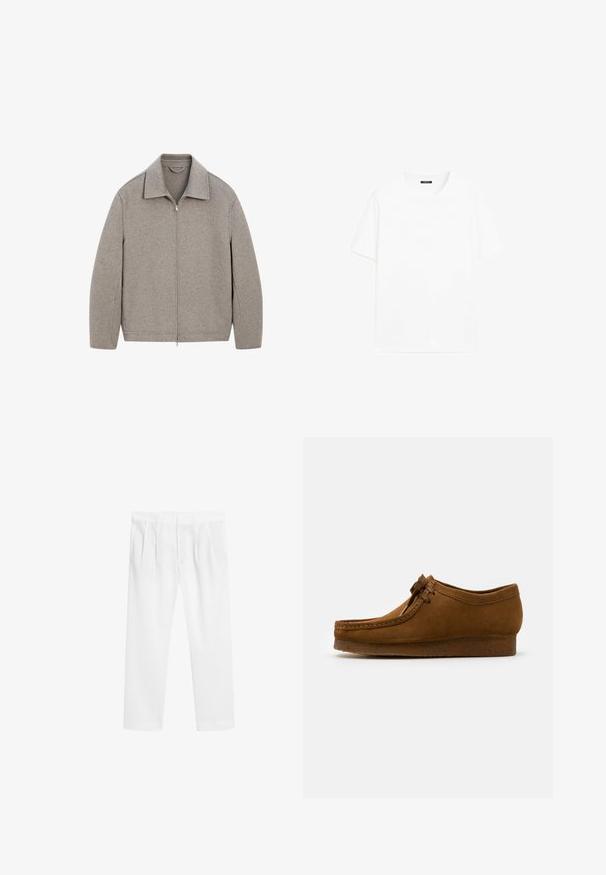 Lys grå zip-up jakke med kinesisk krave, lavet af blødt stof, med lige snit og minimal syning detalje.; Hvid bomulds t-shirt med korte ærmer, rund halsudskæring og lige pasform. Glat tekstur uden synlige mønstre eller detaljer.; Hvide, letvægtsbukser med et afslappet snit. Har en flad front, elastisk talje og sidelommer. Glat tekstur, lige ben.; Brune ruskind sko med rund tå og lav hæl, detaljeret syning langs sømmene og snørelukning fortil. Blød tekstur med strømlinet design.