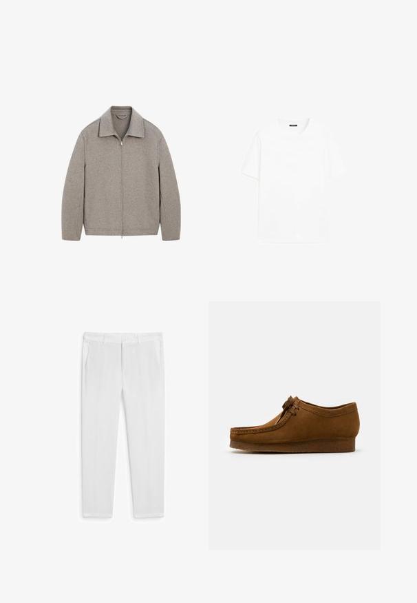 Jasnoszara kurtka zapinana na zamek z kołnierzykiem mandaryńskim, wykonana z miękkiego materiału, o prostym kroju i minimalnych detalach przeszyć.; Biały bawełniany t-shirt z krótkimi rękawami, okrągłym dekoltem i prostym krojem. Gładka faktura bez widocznych wzorów czy akcentów.; Białe lniane spodnie o prostym kroju, z dwoma przednimi kieszeniami i zapięciem na guzik. Gładka faktura, bez widocznych wzorów czy akcentów.; Brązowy zamszowy but z okrągłym noskiem i niskim obcasem, z ozdobnymi stębnowaniami wzdłuż szwów oraz sznurowanym przodem. Miękka tekstura z eleganckim designem.