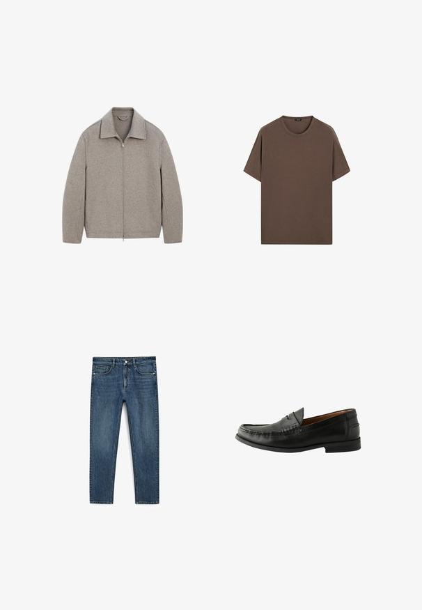 Giacca zip-up grigia chiara con colletto alla cinese, realizzata in morbido tessuto, con un taglio dritto e dettagli di cucitura minimi.; T-shirt in cotone marrone con scollo rotondo e maniche corte. Design semplice con una texture uniforme e una vestibilità comoda. Nessun motivo o accento.; Jeans in denim blu con design a gamba dritta, dotati di tasche frontali e chiusura con zipper. Il tessuto ha un lavaggio medio con leggeri sbiadimenti.; Mocassini in pelle nera con finitura liscia, punta arrotondata, dettagli cuciti a mano e suola bassa in gomma. Design classico e versatile.